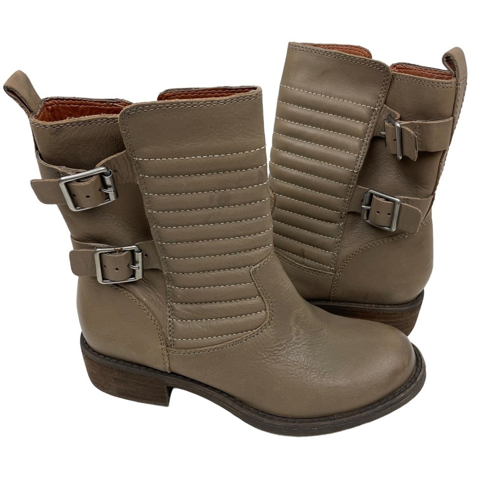 Lucky Brand Dunes Taupe Leather Moto Combat Biker Buckle Boots